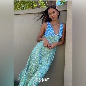 VRG GRL 6 green blue floral satin Bias Cut Midi Dress